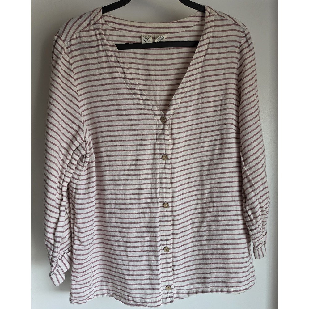 Artisan NY Linen Blouse L White Red Striped V-Neck Long Sleeve Top Shirt